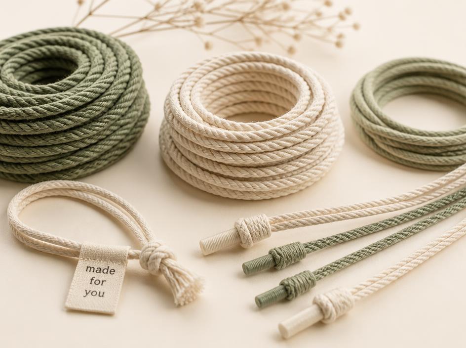 Coiled textile cords and drawstrings in sage and cream